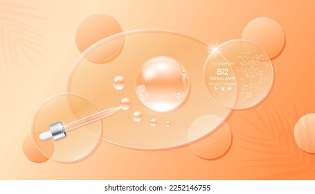 Serum gel drop on transparent ellipse disk glass. Cosmetic product swatch vitamin B12 structure on display podium. Light textured moisturizing face serum clear skincare liquid. Top view 3D Vector.