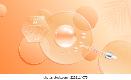 El gel sérico cae de naranja sobre el vidrio transparente de disco circular. El producto cosmético muestra la estructura de la vitamina B5 en el podio de exposición. Ligero humedecidor de textura clara de la cara hidratante suero líquido para el cuidado de la piel. Vector 3D de vista superior