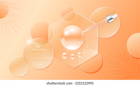 Serum gel drop orange on transparent hexagon glass. Cosmetic product swatch vitamin K2 structure on display podium. Light textured moisturizing face serum clear skincare liquid. Top view 3D Vector.