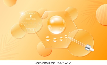 Serum gel drop orange on transparent hexagon glass. Cosmetic product swatch vitamin E structure on display podium. Light textured moisturizing face serum clear skincare liquid. Top view 3D Vector.