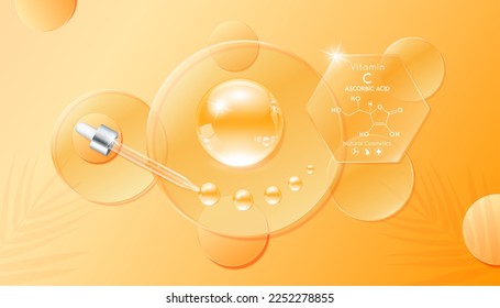 Serum gel drop orange on transparent circle glass. Cosmetic product swatch vitamin C structure on display podium. Light textured moisturizing face serum clear skincare liquid. Top view 3D Vector.