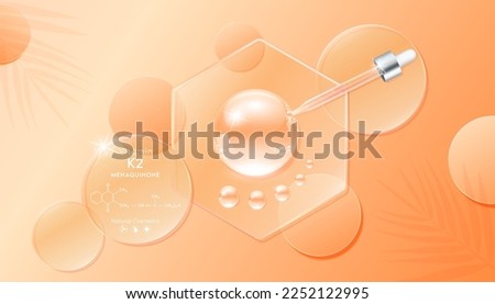 Serum gel drop orange on transparent hexagon glass. Cosmetic product swatch vitamin K2 structure on display podium. Light textured moisturizing face serum clear skincare liquid. Top view 3D Vector.