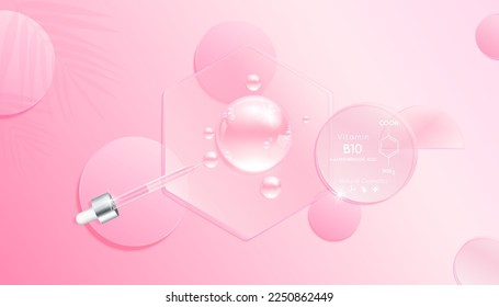 Serum gel drop pink on transparent hexagon disk glass. Cosmetic product swatch vitamin B10 structure on display podium. Light textured moisturizing face serum clear skincare liquid. Top view 3D Vector