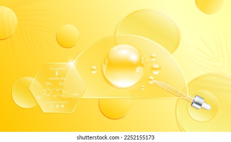 Serum gel drop yellow on transparent semicircle glass. Cosmetic product swatch vitamin F structure on display podium. Light textured moisturizing face serum clear skincare liquid. Top view 3D Vector.