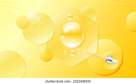 Serumgel tropfen gelb auf transparentem Hexagon-Glas. Kosmetische Produkte schauen Vitamin K3 Struktur auf Display-Podium. Leichte, strukturierte Feuchtigkeitscreme ist eine klare Hautpflegeflüssigkeit. 3D-Vektorgrafik mit Draufsicht.