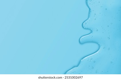 Fluxo de gel sérico sobre fundo azul. Ilustração realista de vetor de textura de loção líquida, elixir de cuidado da pele com bolhas de ar ou óleo, produto cosmético de umidade splash com colágeno ou ácido hialurônico