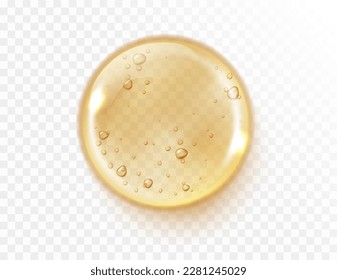 Serum gel texture isolated on transparent background. Gold serum drop. Realistic Liquid gel with bubbles.