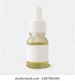 Serum glass bottle with white label realistic vector illustration. Calming facial serum with green tea extract in glass dropper beauty skincare cosmetic product sample mockup