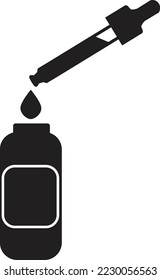 Icono sérico sobre fondo blanco. Botella gotero con suero o aceite. Signo de suero o aceite esencial. estilo plano.