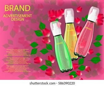 Serum Lemons, Roses, Aloe Vera  Extracts Vitamin and Collagen for Skin on the sparkling  Background, Concept Skin Care Cosmetic. Blank template of packaging for cosmetic product.