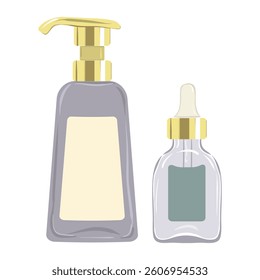Serum and lotion set icon. Dropper bottle with dispenser represents facial serum, hydration, skincare essentials, modern cosmetics, beauty treatment.