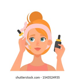 Serum moisturize woman face. Woman care about face beauty and apply serum. Daily skin care routine. Isolated flat vector illustration