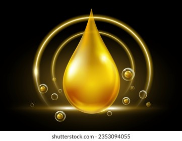 Serum oil drop essence for cosmetic products Golden yellow oil droplets surrounded by molecular bubbles. Realistic illustration vector file.