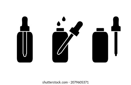 Serum or oil in dropper bottle, silhouette icons set. Cosmetic product in vial with pipette. Black simple vector. Contour isolated pictogram on white background