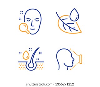 Serum oil, Leaf dew and Face search icons simple set. Face id sign. Healthy hairs, Water drop, Find user. Identification system. Healthcare set. Linear serum oil icon. Colorful design set. Vector