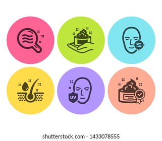 Serum oil, Skin condition and Problem skin icons simple set. Uv protection, Cream signs. Healthy hairs, Search magnifier. Beauty set. Flat serum oil icon. Circle button. Vector