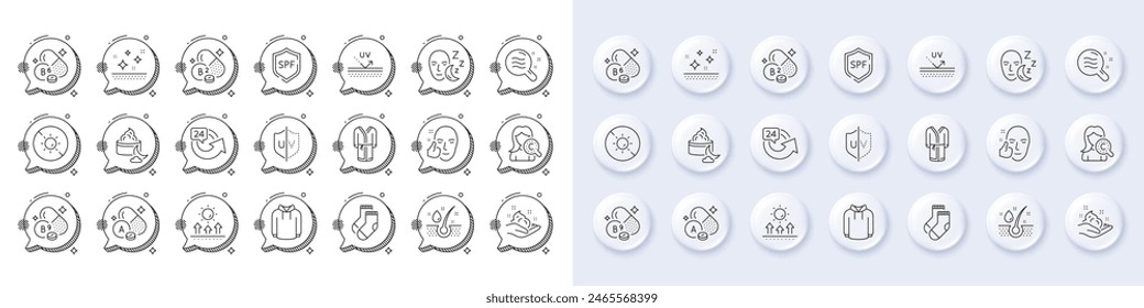 Serum oil, Sun protection and Collagen skin line icons. White pin 3d buttons, chat bubbles icons. Pack of Socks, Healthy face, Folate vitamin icon. Vector