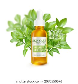 serum packaging Skincare in a golden yellow glass bottle. Made from natural extracts bouquet of leaves on a white background Realistic 3D advertising illustration.
