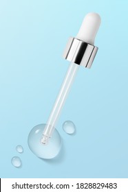 Serum pipette and drop isolated on blue background. Facial beauty treatment. Transparent cleanser, peeling, shampoo, shower gel, above. Realistic cosmetic product sample vector illustration. Skincare