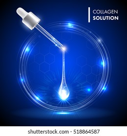 Serum premium drop. Collagen serum with dropper on gold circles shine background. Ad skincare cosmetic concept. Vector transparent drop and dropper