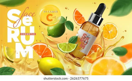 Anúncio de produto sérico. Plano de fundo de respingos de óleo. Fruta e gotas de suco. Cuidado com a beleza. limão 3D e cal. Essência de vitamina C. Aglomerados de citrinos líquidos. Design de garrafa de verão. Vetor realista cosmético exato