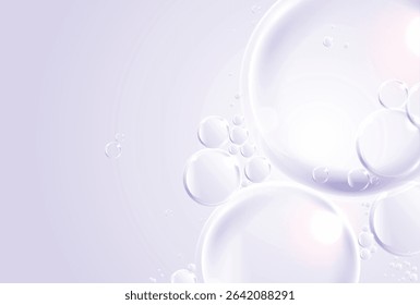Serum, retinol water drops of liquid or collagen on purple background. beauty product, moisture, skincare colorful bubbles. skin care cosmetic hydration spots solution. vector design.