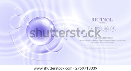 Serum, retinol water drops of liquid or collagen on purple background. beauty product, moisture, skincare colorful bubbles. skin care cosmetic hydration spots solution. vector design.