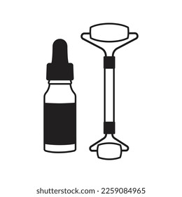 Serum and roller. Icon set of cosmetic tools and products. 