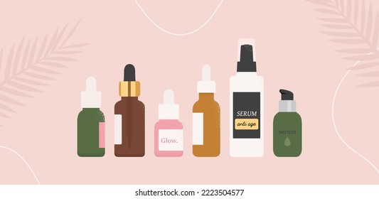 Suero. Conjunto de diferentes frascos séricos. Producto cosmético. Ilustración vectorial plana