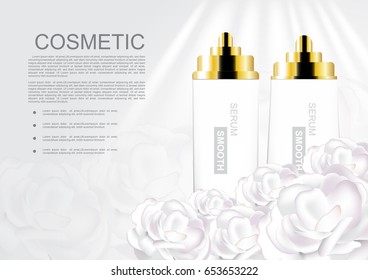 Serum set and white roses with template and shining light on white background vector cosmetic ads
