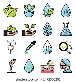 Serum skin care Vector illustration, no artificial colors, organic leaf line icons. Dermatologically tested, Paraben chemical formula icons. Hypoallergenic tested, Neutral ph. color outline set. 