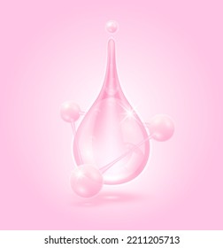 Serum skincare transparent pink water drops. Moisturizer collagen with molecule glittering and bubbles hyaluronic acid. For ad for beauty cosmetics ads design. Realistic 3d vector illustration.