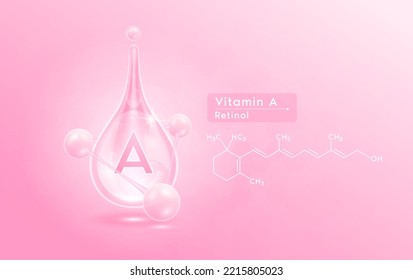 El cuidado de la piel en suero, el agua transparente, libera la vitamina A rosa y la estructura. Colágeno hidratante con brillo de moléculas y burbujas de ácido hialurónico. Para publicidad de cosméticos de belleza. Vector 3d realista.