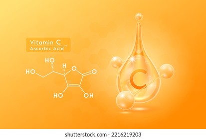 Serum skincare transparent water drops vitamin C orange and structure. Moisturizer collagen with molecule glittering and bubbles hyaluronic acid. For ad for beauty cosmetics. Realistic 3d vector.