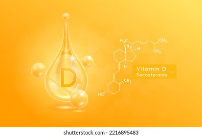 Serum skincare transparent water drops vitamin D orange and structure. Moisturizer collagen with molecule glittering and bubbles hyaluronic acid. For ad for beauty cosmetics. Realistic 3d vector.