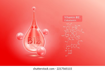 Serum skincare transparent water drops vitamin B12 red and structure. Moisturizer collagen with molecule glittering and bubbles hyaluronic acid. For ad for beauty cosmetics. Realistic 3d vector.