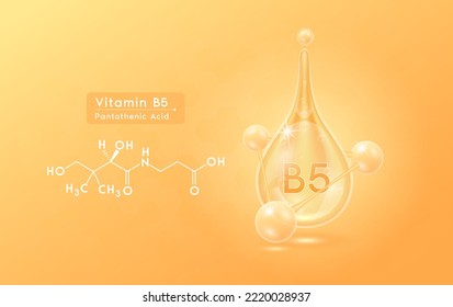 Serum skincare transparent water drops vitamin B5 orange and structure. Moisturizer collagen with molecule glittering and bubbles hyaluronic acid. For ad for beauty cosmetics. Realistic 3d vector.