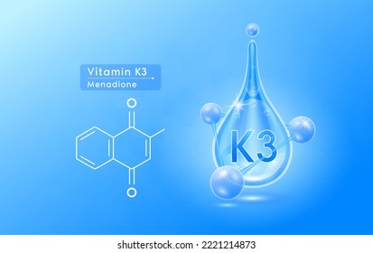 Serum skincare transparent water drops vitamin K3 blue and structure. Moisturizer collagen with molecule glittering and bubbles hyaluronic acid. For ad for beauty cosmetics. Realistic 3d vector.