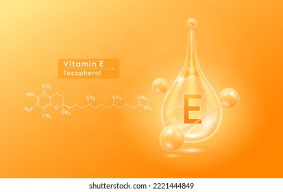 Serum skincare transparent water drops vitamin E orange and structure. Moisturizer collagen with molecule glittering and bubbles hyaluronic acid. For ad for beauty cosmetics. Realistic 3d vector.