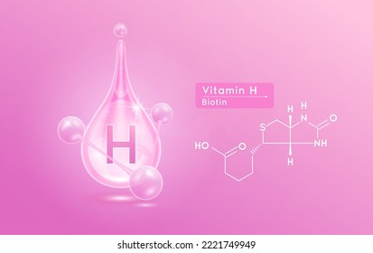 Serum skincare transparent water drops vitamin H pink and structure. Moisturizer collagen with molecule glittering and bubbles hyaluronic acid. For ad for beauty cosmetics. Realistic 3d vector.