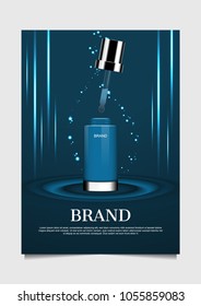 Serum with small glittering lights and vertical lines on blue background, vector cosmetic ad