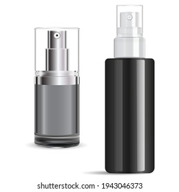 Serum spray bottle silver cap. Cosmetic pump bottleclear 3d illustration. Mist pump cap bottlefor face or hair aerosol pack. Air moisture, lotion mock up blank. Shiny glass container