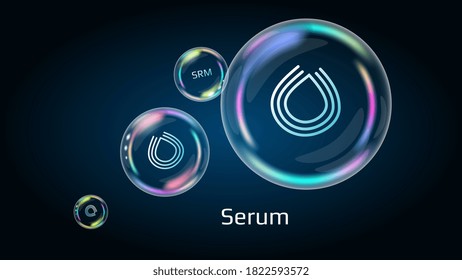 Serum SRM token symbol in soap bubble, coin DeFi project decentralized finance. The financial pyramid will burst soon and destroyed. Vector EPS10.