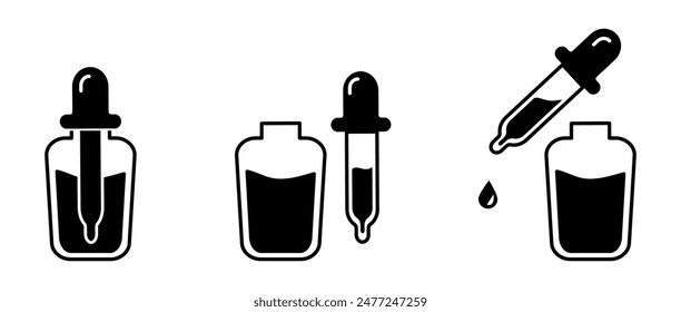 Conjunto de iconos de Vector sérico. Signo facial de aceite. Cuentagotas con ilustración de botella. Símbolo del aceite esencial. Pictograma de cuidado facial.