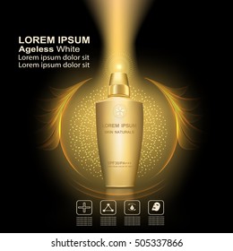 Serum and Vitamin ageless white. Beauty Concept Skin Care Cosmetic.Background Vector Concept with gold package in lighting effect