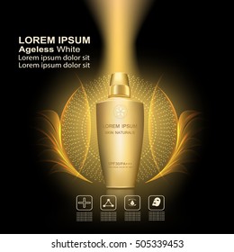 Serum and Vitamin ageless white. Beauty Concept Skin Care Cosmetic.Background Vector Concept with gold package in lighting effect