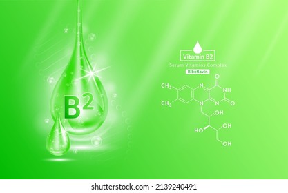 Disposición y estructura del gel líquido de la vitamina B2 sérica. Complejo de colágeno con fórmula química a partir de vitaminas naturales de cuidado de la piel. Concepto científico médico. Sobre fondo verde 3D vector EPS10 realista.