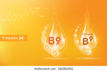 Serum Vitamin B9 and structure. concept skin care cosmetics solution vector design.