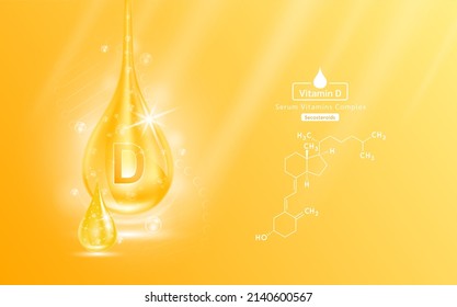 Serum vitamin D liquid gel drop and structure. Collagen complex with chemical formula from nature skin care vitamins. Medical scientific concept. On orange background 3D realistic vector EPS10.