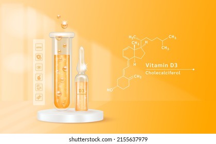 Serum vitamin D3 inside glass ampoule and glass bottles with liquid drug solution. Natural cosmetics. Cosmetology for skin care. On pink background. Medical and beauty concept. Realistic 3D vector.